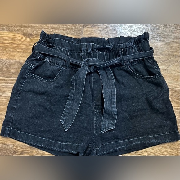tgla black faded wash denim high rise paper bag shorts elastic waist sash belt S - Picture 6 of 6